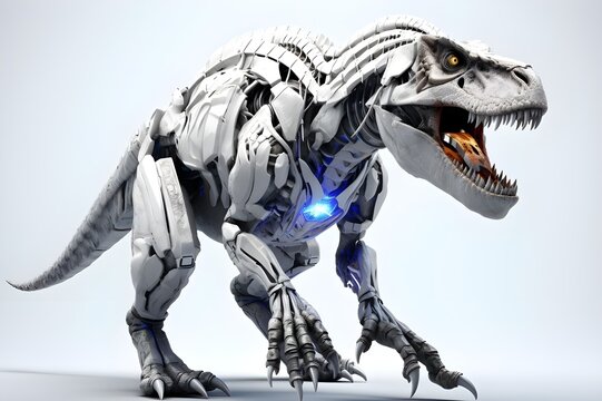 Set of photos of tyrannosaurus, various styles, mechanical robots, futuristic technology, white background, industry, illustration, Generative AI