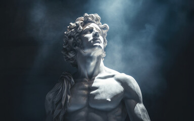Fototapeta premium Ancient antique statue of male person in mystical haze on gloomy dark background, beautiful statue of young adult man in aura of beauty and mystery in timeless allure