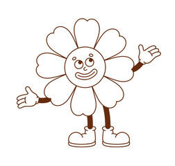 The hand-drawn flower retro character. Vector illustration in trendy retro cartoon style. Love, Valentine's Day.