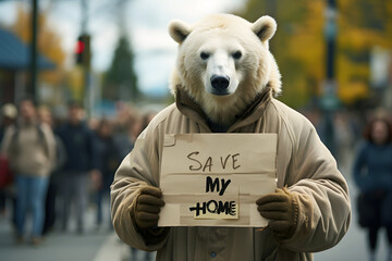 Polar bear holding protest placard.