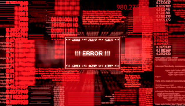 Error message, warning sign on screen. System fail, cyber crime, hacking, threat, network security, computer virus.