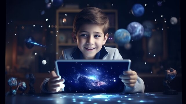 The boy studying in the virtual classroom of the future - Powered by Adobe
