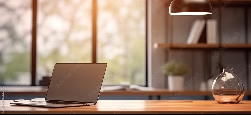Poster sleek office setup. modern laptop on wooden table. digital workspace. desk with pc and blank screen.