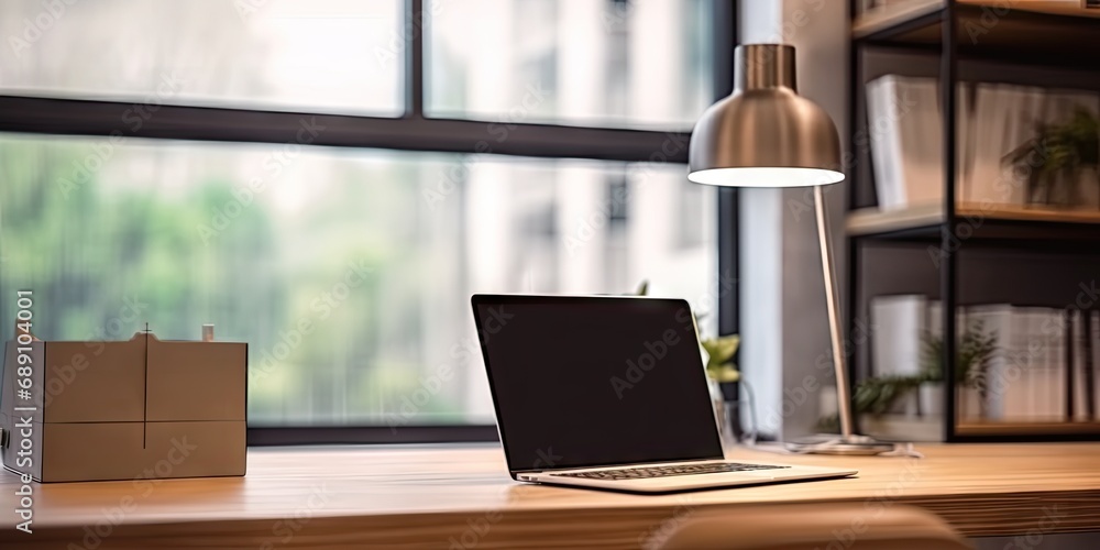 Poster sleek office setup. modern laptop on wooden table. digital workspace. desk with pc and blank screen.