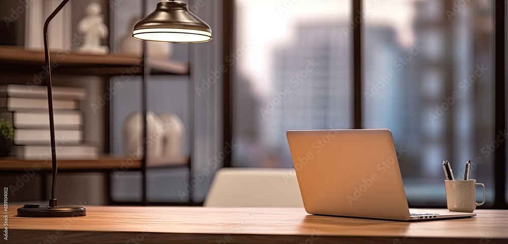 Poster sleek office setup. modern laptop on wooden table. digital workspace. desk with pc and blank screen.