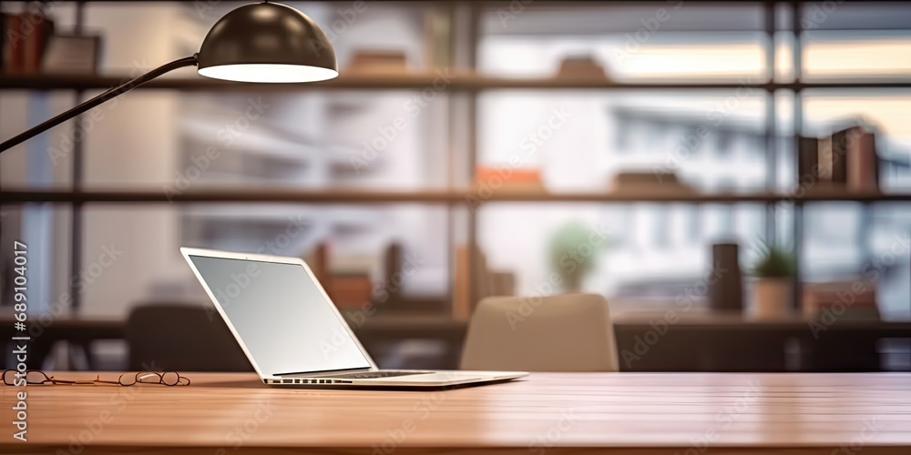 Poster sleek office setup. modern laptop on wooden table. digital workspace. desk with pc and blank screen.