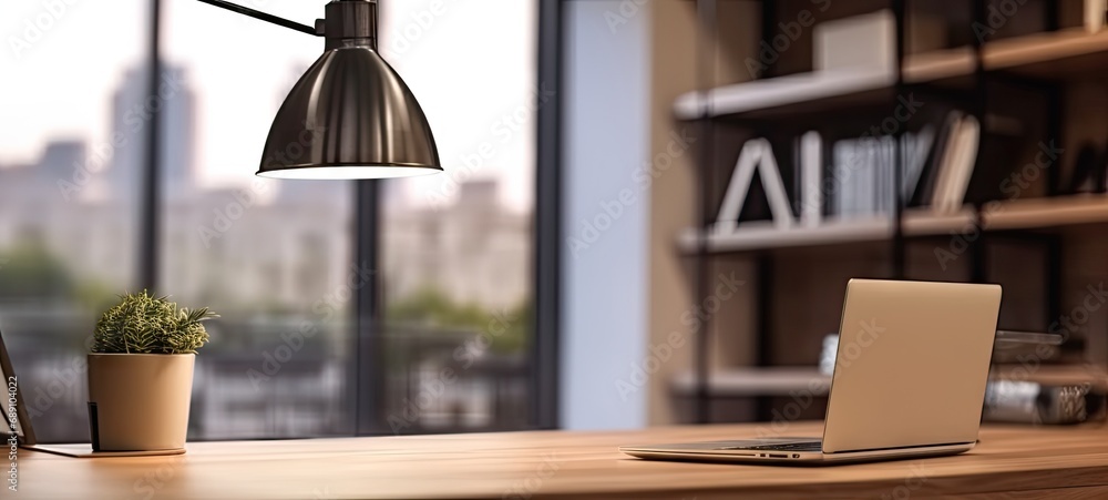 Poster sleek office setup. modern laptop on wooden table. digital workspace. desk with pc and blank screen.