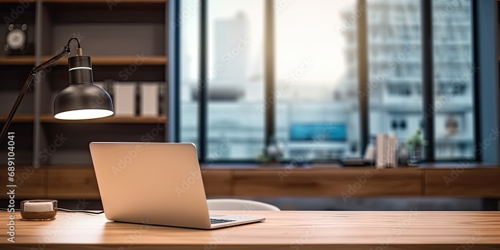 Poster sleek office setup. modern laptop on wooden table. digital workspace. desk with pc and blank screen.