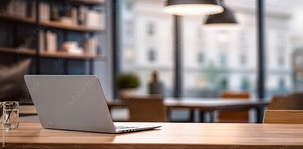 Poster sleek office setup. modern laptop on wooden table. digital workspace. desk with pc and blank screen.