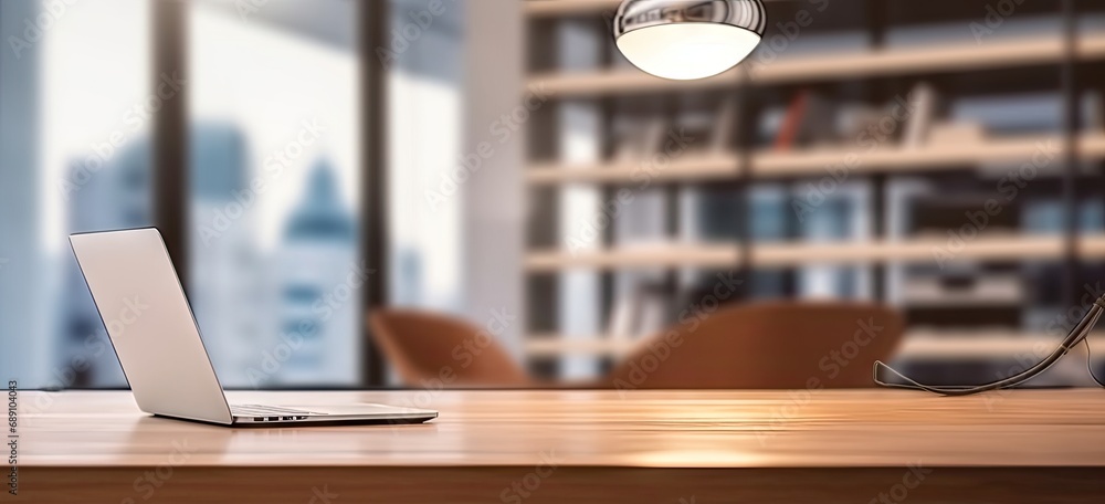 Poster sleek office setup. modern laptop on wooden table. digital workspace. desk with pc and blank screen.