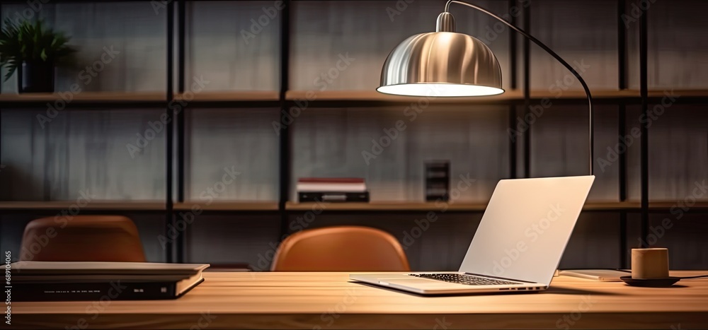 Poster sleek office setup. modern laptop on wooden table. digital workspace. desk with pc and blank screen.
