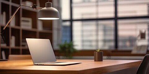 Sleek office setup. Modern laptop on wooden table. Digital workspace. Desk with pc and blank screen. Tech haven. Empty workplace with computer