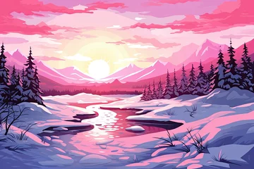 Foto auf Acrylglas pink snowy winter landscape by lake illustration © krissikunterbunt