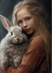 Young girl child hugging a big rabbit bunny. AI Generative