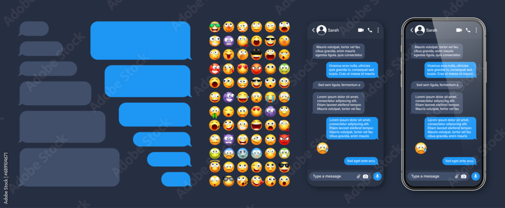 Poster smartphone messaging app, user interface with emoji. sms text frame. chat screen, blue message bubbl