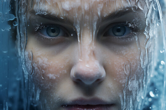 close up of frozen female face covered in cold ice
