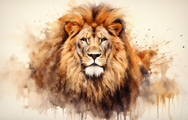 Lion head with colorful splashes of ink on white background.