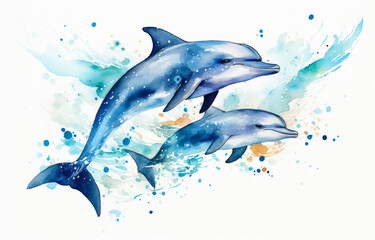 Illustration of dolphins on white background with watercolor splashes