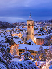 Twilight view of the old Swiss city of Schaffhausen town in winter with Christimas season...