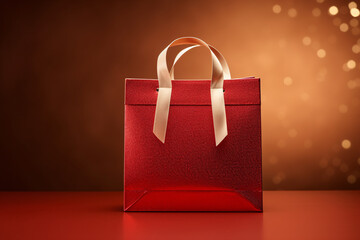 Mock up of a red paper shopping bag with shiny glitter texture on golden light bokeh background, Christmas, Chinese new year and Valentine's day promotion, online shopping.