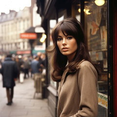 Fototapeta premium A young brunette woman standing in a 1960s street.