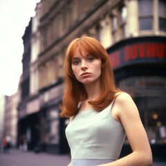 Fototapeta na wymiar A young redhead woman standing in a 1960s street.