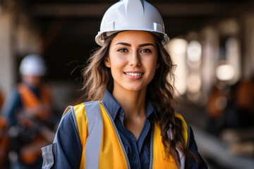 Female Architect in white Hard Hat: Building, Safety, and Hard Work on a Construction Site with positive attitude and Reflective Gear