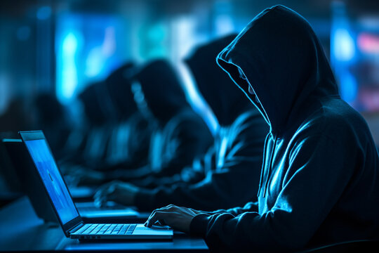 Group of hackers or scammers using laptop computers doing cyber warfare on dark technology background, phising, cyber attack and cybercrime concept.