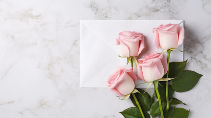 Beautiful pink rose flower bouquet and envelope on white marble background, congratulations and anniversary concept, Valentine s day background.
