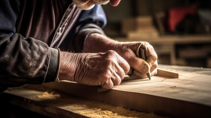 Professional Carpenter at Work in a Well-Equipped Wood Workshop.
