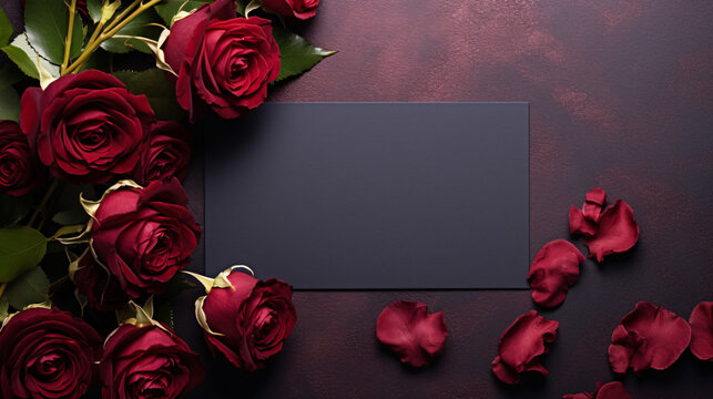 Beautiful red rose flower bouquet and blank note paper on dark background, congratulations and anniversary concept, Valentine s day background.