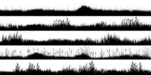 Fotobehang Meadow silhouettes with grass, plants on plain. Panoramic summer lawn landscape with herbs, various weeds. Herbal border, frame element. Black horizontal banners. Vector illustration © 32 pixels