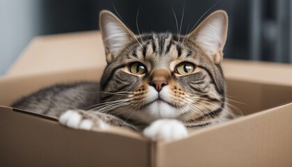 tabby cat laying in the box, isolated white background
