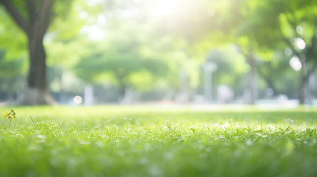 A green grass field with trees in the background,Blurred nature background,Beautiful lawn with green grass on sunny day. Bokeh effect,background with copyspace. Nature background concept.Generative Ai