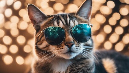tabby cat with sunglasses, isolated white and bright background.