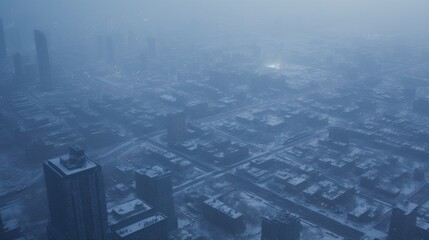 Aerial view of winter snow storm gathering over big city