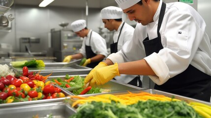 Professional Chefs Preparing Fresh Vegetables in Busy Kitchen.