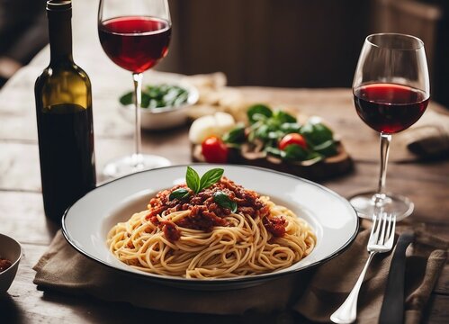 Fototapeta traditional spaghetti and glass of wine, at Italian streets   