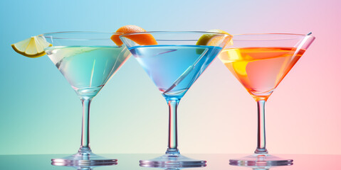 Mixed drink in a glass. Set of coctails on bar counter in a restaurant, pub. Collection of fresh juice alcoholic drinks. Cooler beverage at nightclub on pastel background.