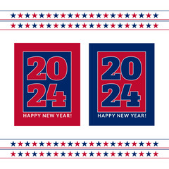 2024 Happy New Year. Red & Blue 2024 Posters. 2024 USA New Year. Vector Illustration