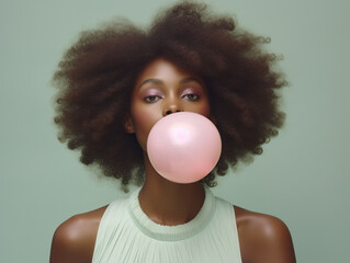 Young beautiful black woman with pink bubble gum - obrazy, fototapety, plakaty