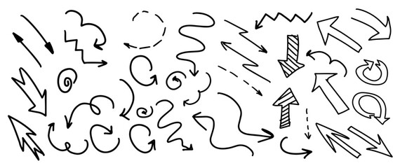 Vector Illustration: Extensive Set of Black Grunge Hand-Drawn Arrows. Isolated on White Background. Arrow Mark Icons. Collection of Simple doodle Arrows for a Distinctive and Stylish Touch. 