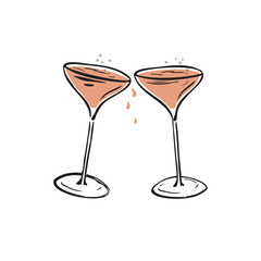 Glasses with champagne hand drawn vector illustration. Festively clinking sparkling wine or cocktail.  Party element, design for congratulations on New Year, Christmas, winter holidays, birthday