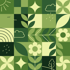 Seamless geometric natural green eco pattern with natural and plant elements.