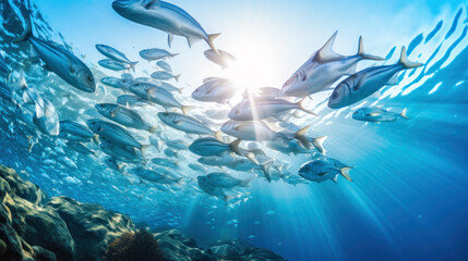 Fototapeta na wymiar Photograph of a school of sardines seen from below swimming in semicircle