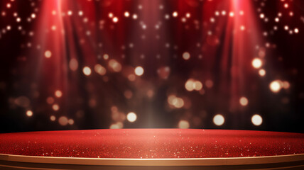 An empty stage with a sparkling red background and soft bokeh lights, ready for a performance, evoking anticipation and excitement.