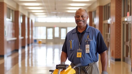 Friendly School Janitor with Cleaning Equipment in Hallway. - obrazy, fototapety, plakaty