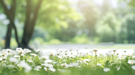Green lawn after rain.The background in the blur.In the beautiful natural garden the vibrant white floral petals,fresh white meadow gardening captivating illustration summer plant, Generate Ai
