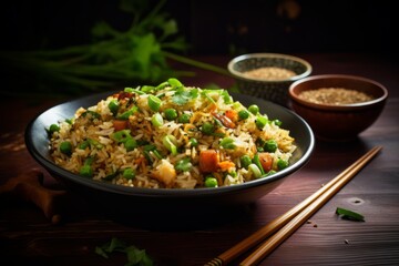 A tantalizing image of a bowl of homemade Asian fried rice, perfectly garnished and served with a warm cup of green tea