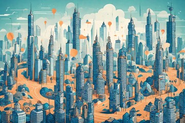 Abstract cityscape with skyscrapers made of SEO-related symbols.